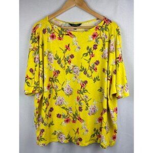 Lauren Ralph Lauren 2X Womens Yellow Floral Half Sleeve Crew Neck T-Shirt Linen